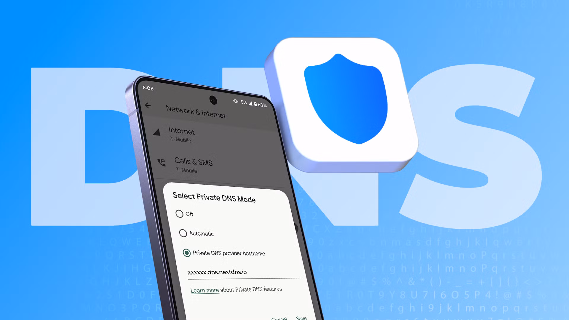 Android κινητό στις ρυθμίσεις Private DNS με έμφαση στην εξοικονόμηση μπαταρίας