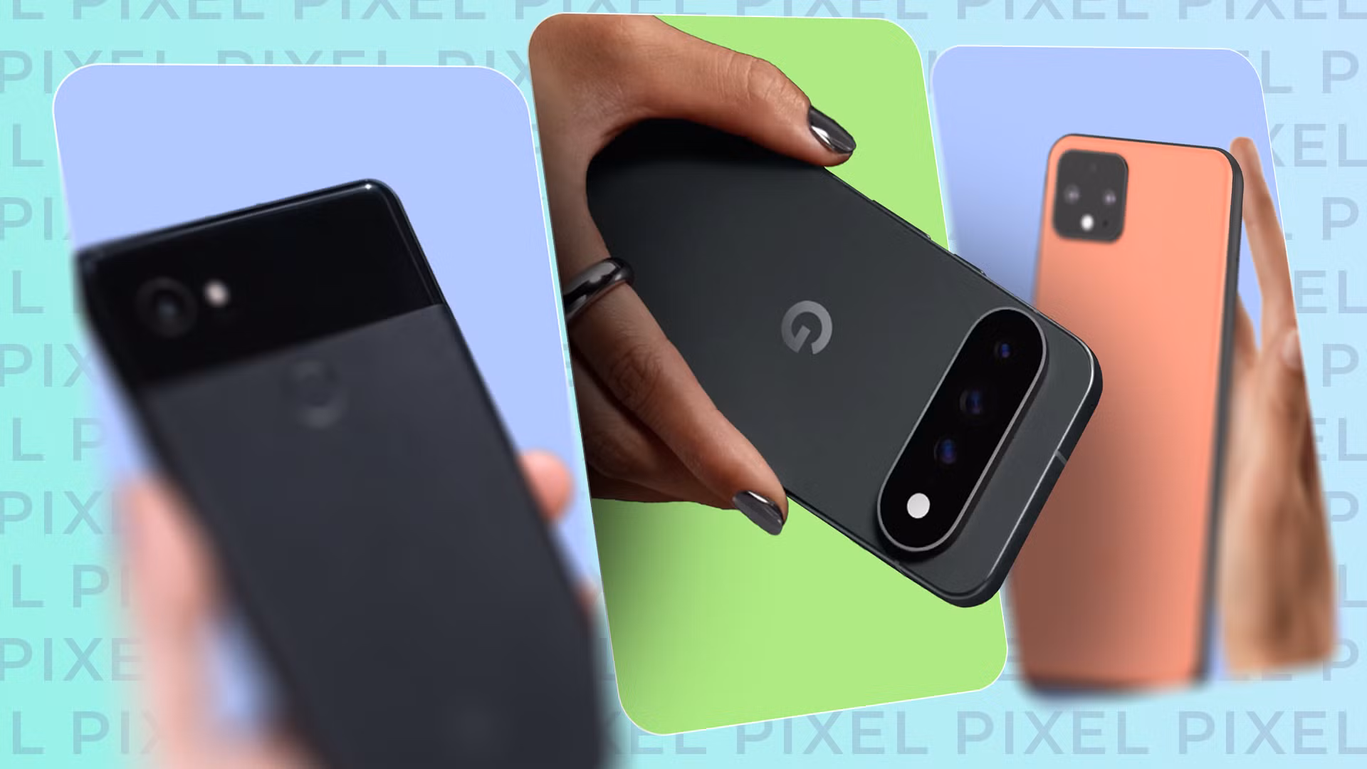Διάφορα Google Pixel τηλέφωνα τοποθετημένα δίπλα δίπλα σε καθαρό γραφείο