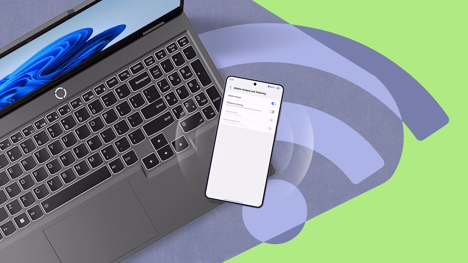 Laptop συνδεδεμένο σε hotspot από smartphone με ρυθμίσεις δεδομένων στα Windows